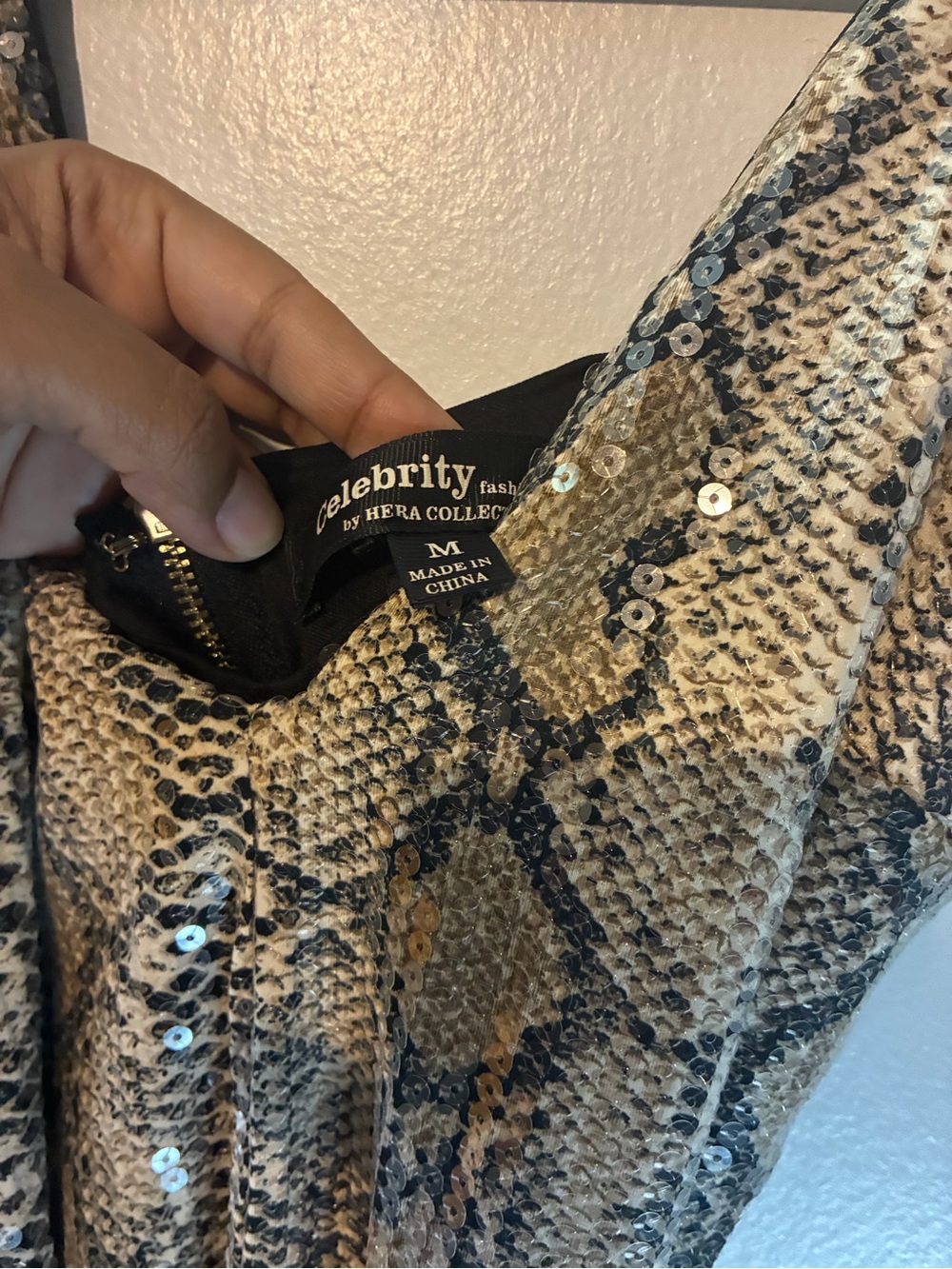 Snake Print Sequin Slip Dress - Beige - Picture 2 of 4